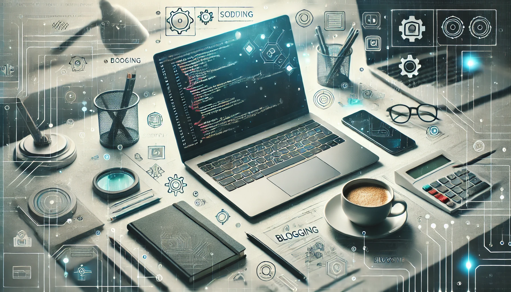 DALL·E 2024-08-09 16.00.42 - A modern workspace setup featuring a sleek laptop with coding on the screen, surrounded by tools like a smartphone, a cup of coffee, and a notebook. T website featured image